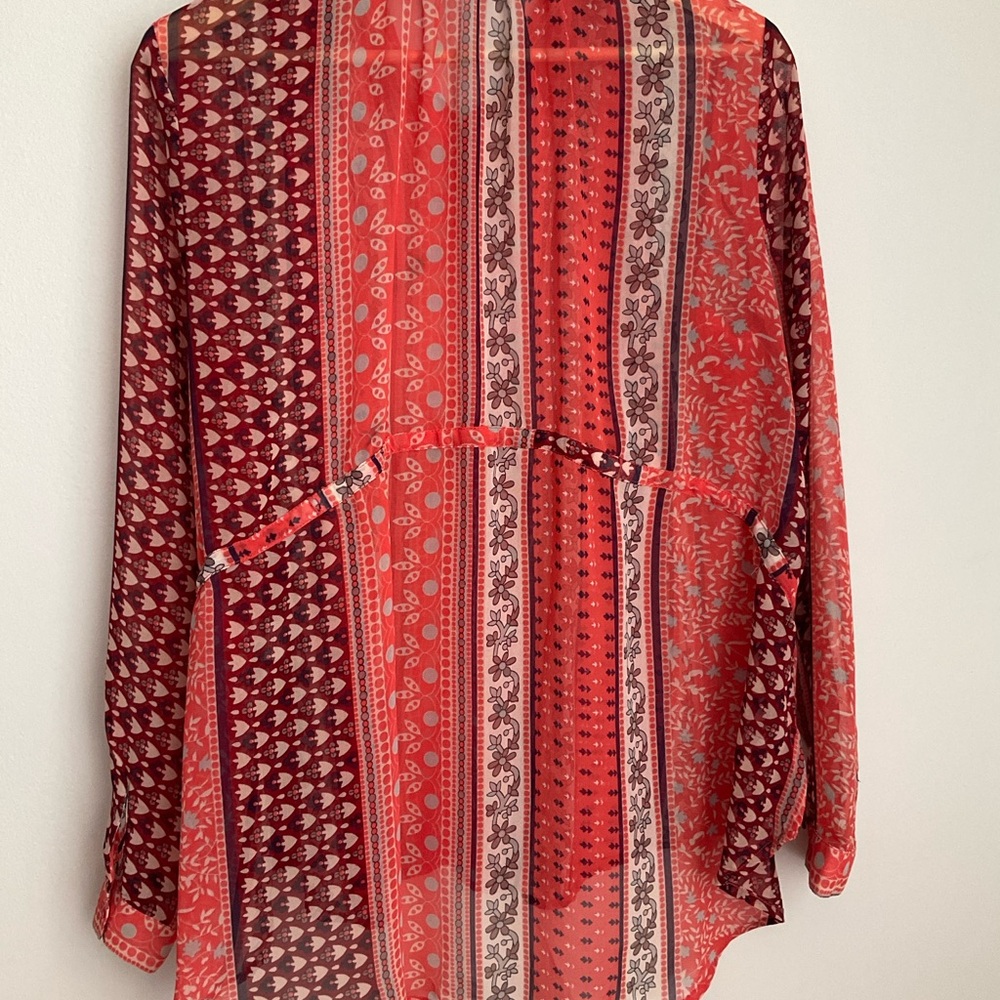 Free People SP Sheer Coral-Red Multi Pattern Button-Up  Tunic Blouse - Picture 6 of 9